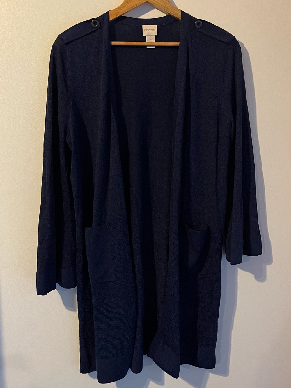 Chico's Open Front Longline Duster Cardigan Navy Blue Size 2 Large L Knit